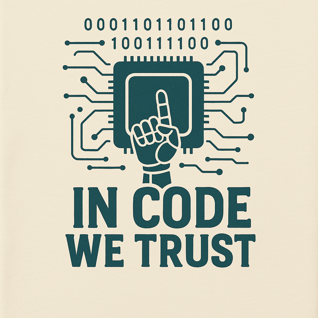 Plain cream t‑shirt laid flat on a neutral background, representing the 'In Code' design.