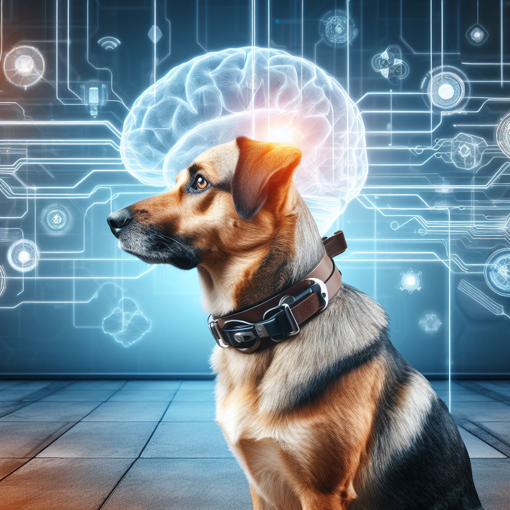 Dog wearing a neural headset with a glowing brain representation