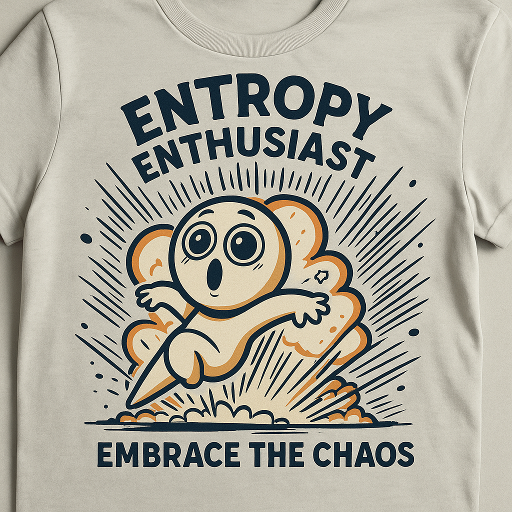 Beige t‑shirt design with a wide‑eyed character blasting from an energetic explosion, embracing a playful take on entropy.