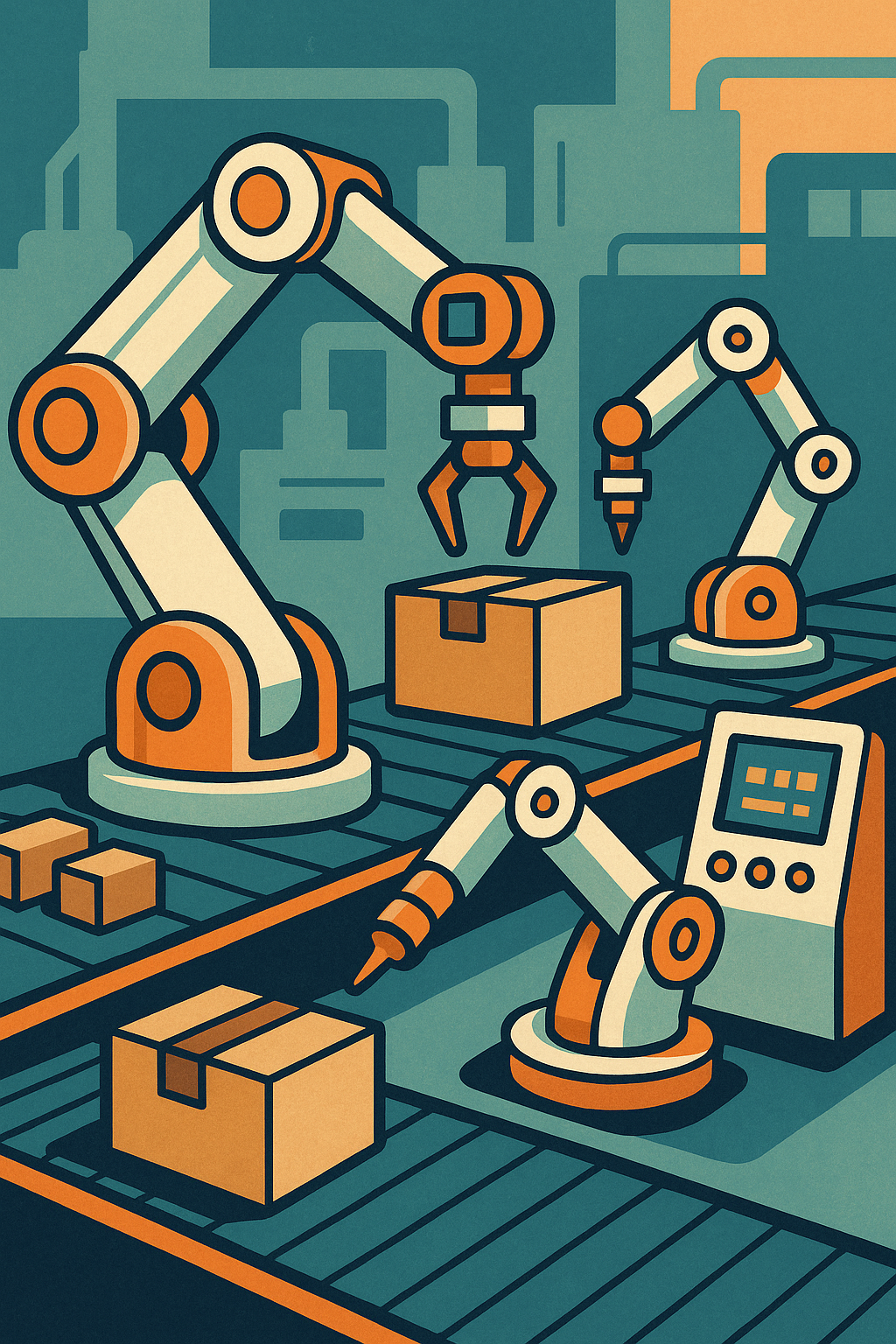 Industrial robotic arms on a line