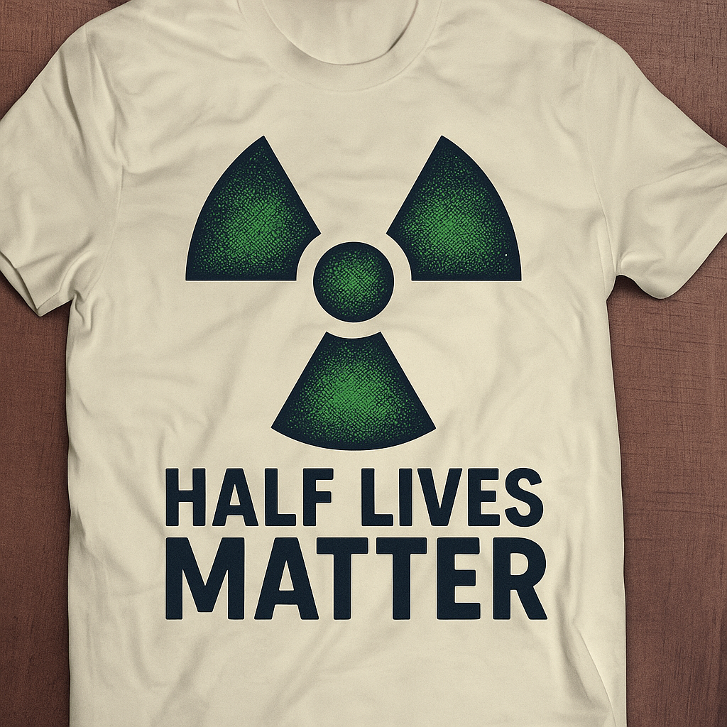 Grey t‑shirt with a bold radiation symbol splitting into a smaller particle, playfully referring to radioactive decay.