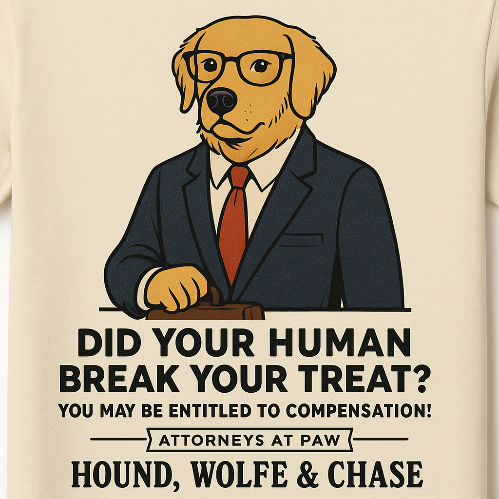 Light t‑shirt showing a suited golden retriever lawyer with glasses and a gavel, humorously advertising pet legal services.