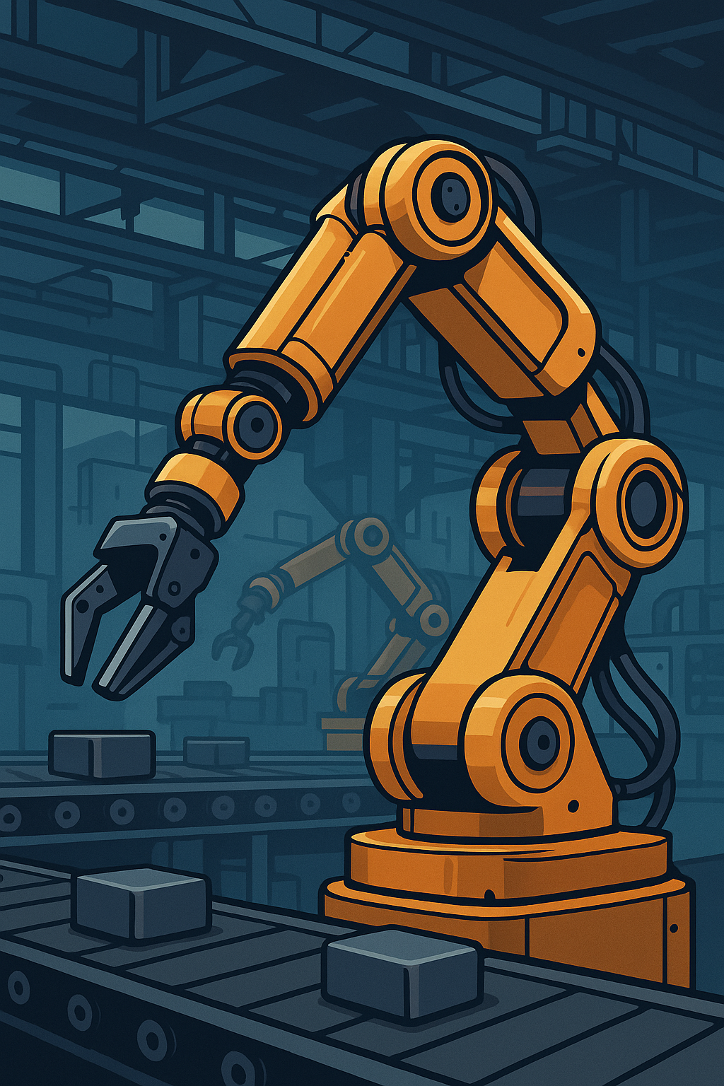 Illustration of a robotic arm on an assembly line