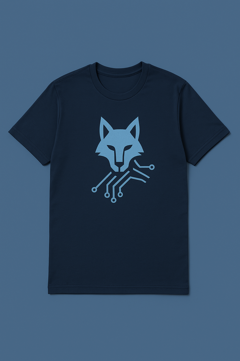 Navy t‑shirt with a stylised wolf and circuit motif