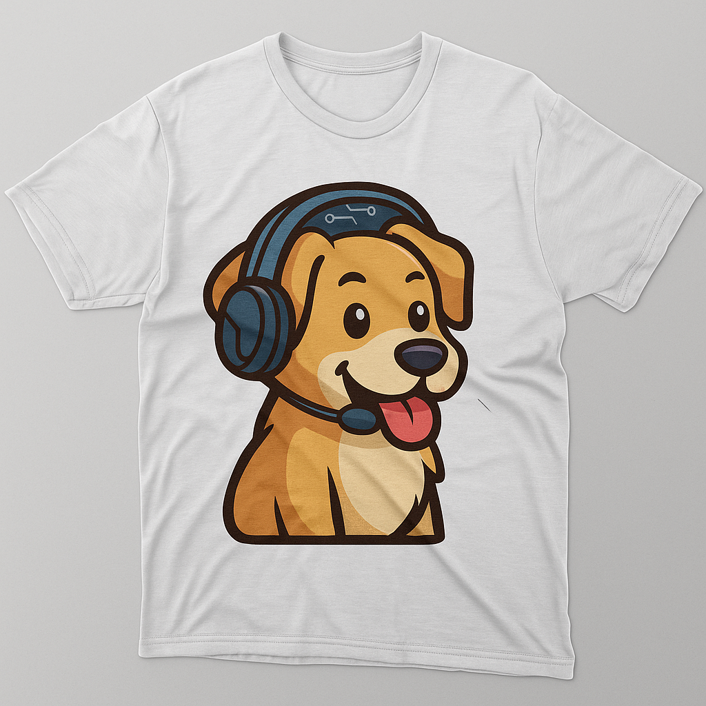 White t‑shirt with a cartoon dog wearing a headset