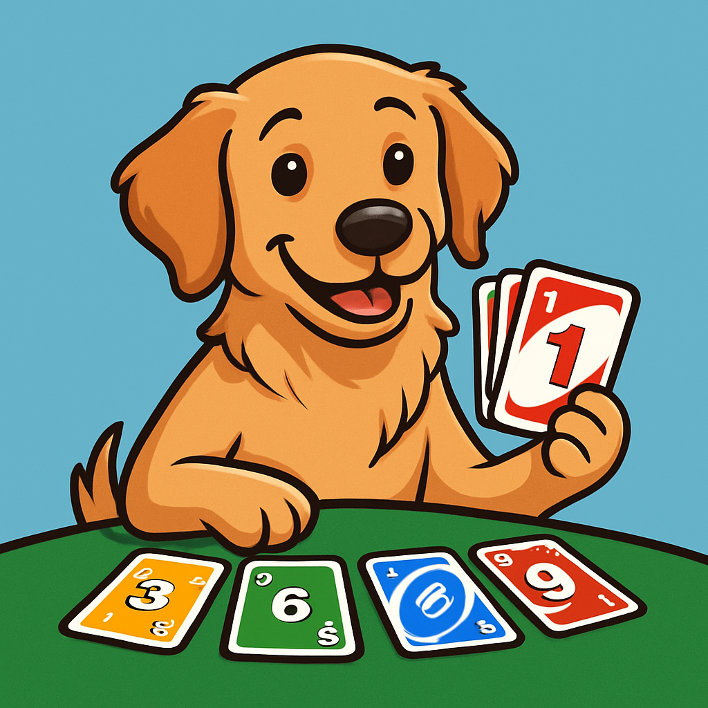 Illustration of a dog playing Uno
